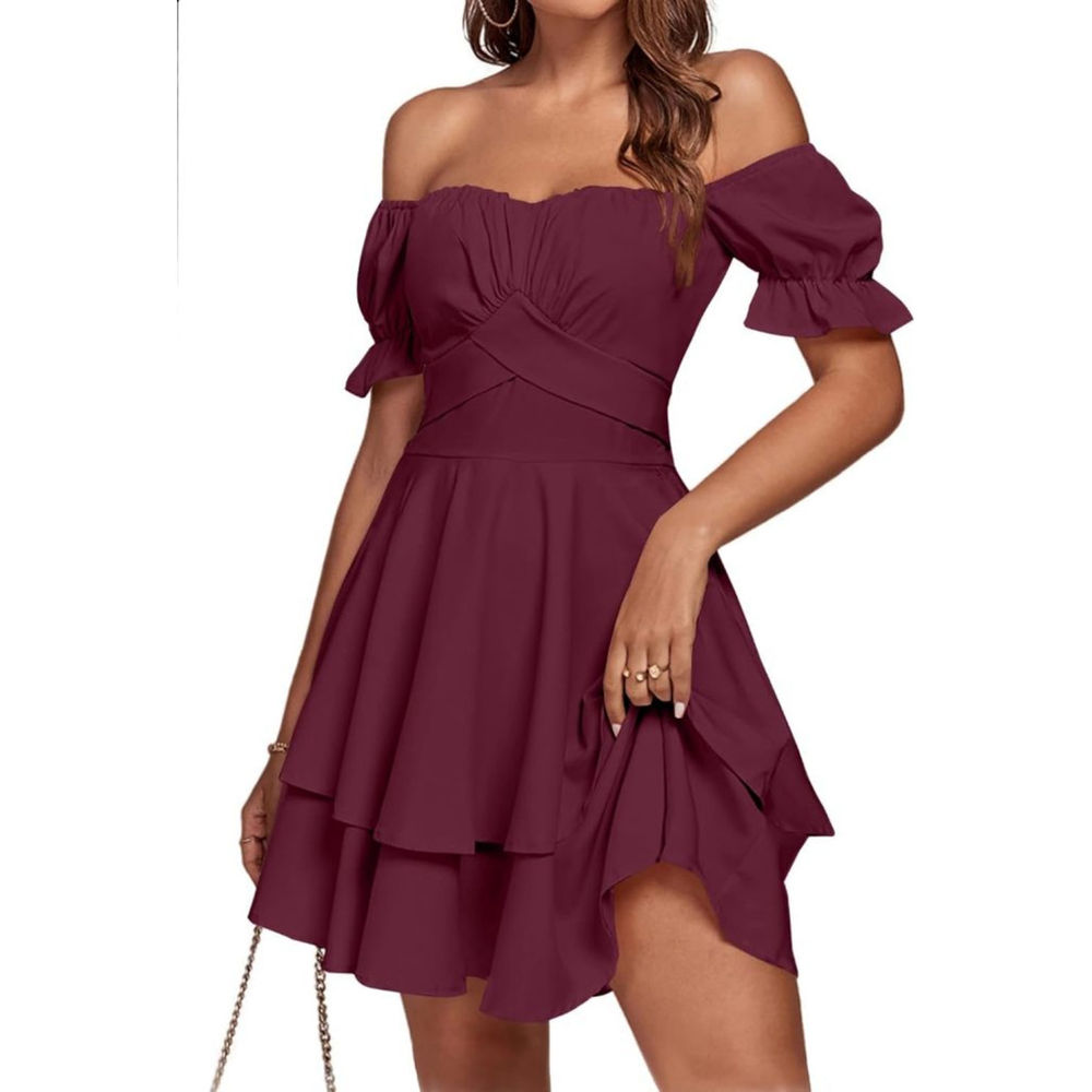 Lyaner Medium Burgandy Off Shoulder Tie Back Ruffle Mini Dress - Picture 2 of 7